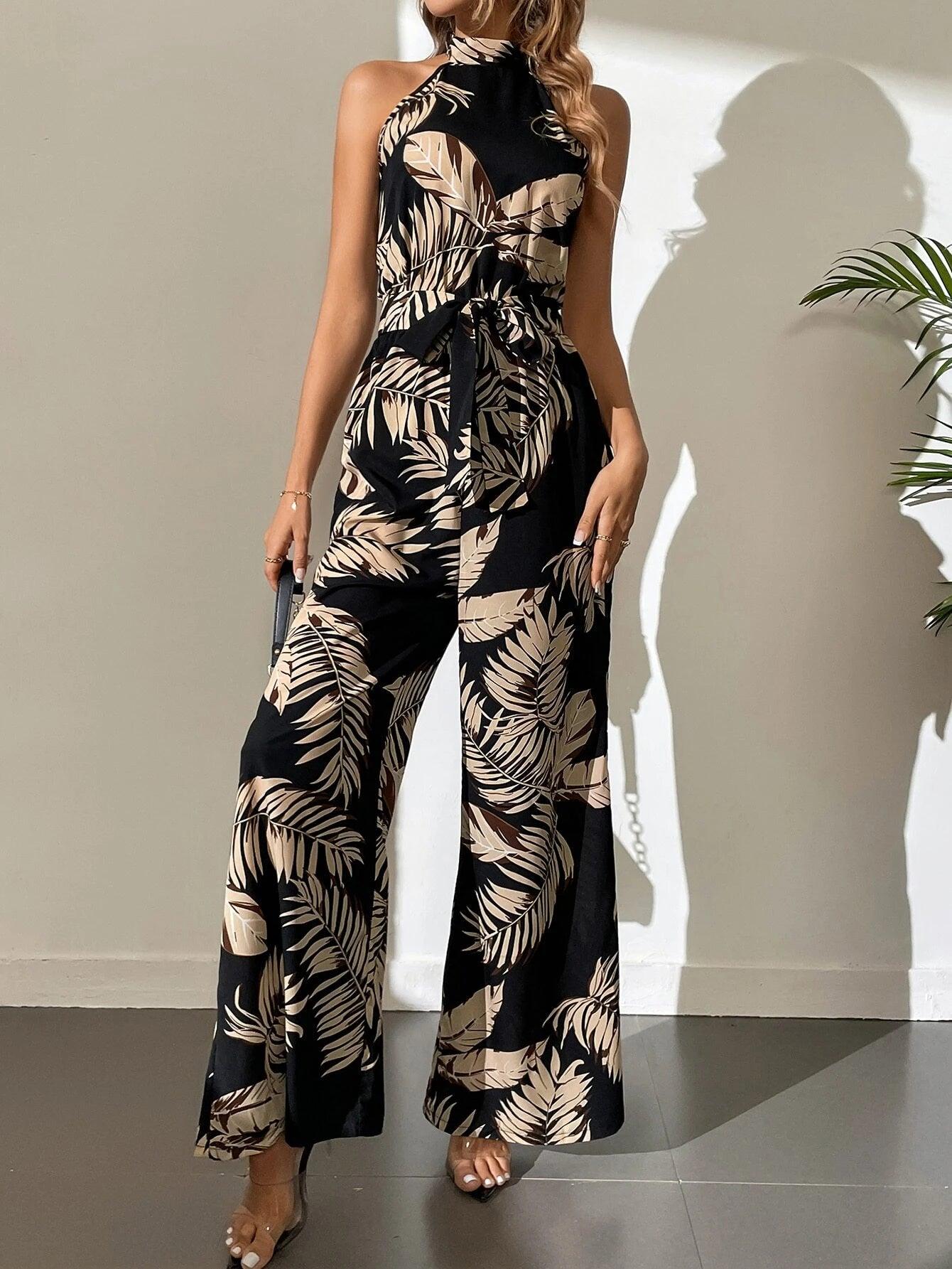 Long Tropical Print Belted Jumpsuit-Comfy Jumpsuits