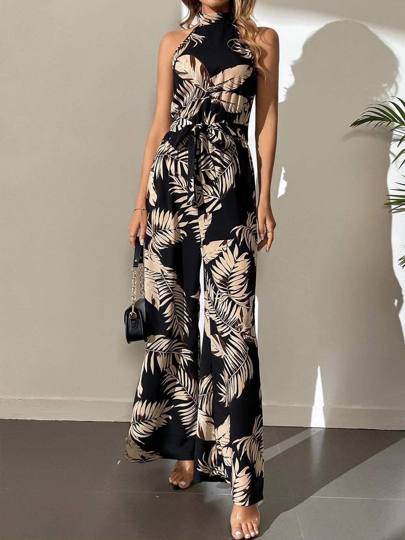 Long Tropical Print Belted Jumpsuit-Comfy Jumpsuits