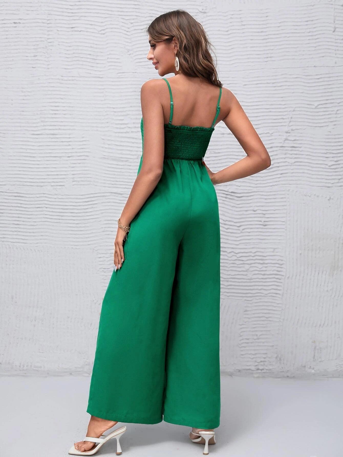 Solid Shirred Bodice Wide Leg Cami Jumpsuit-Comfy Jumpsuits