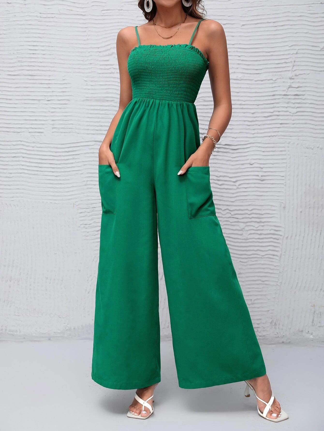 Solid Shirred Bodice Wide Leg Cami Jumpsuit-Comfy Jumpsuits