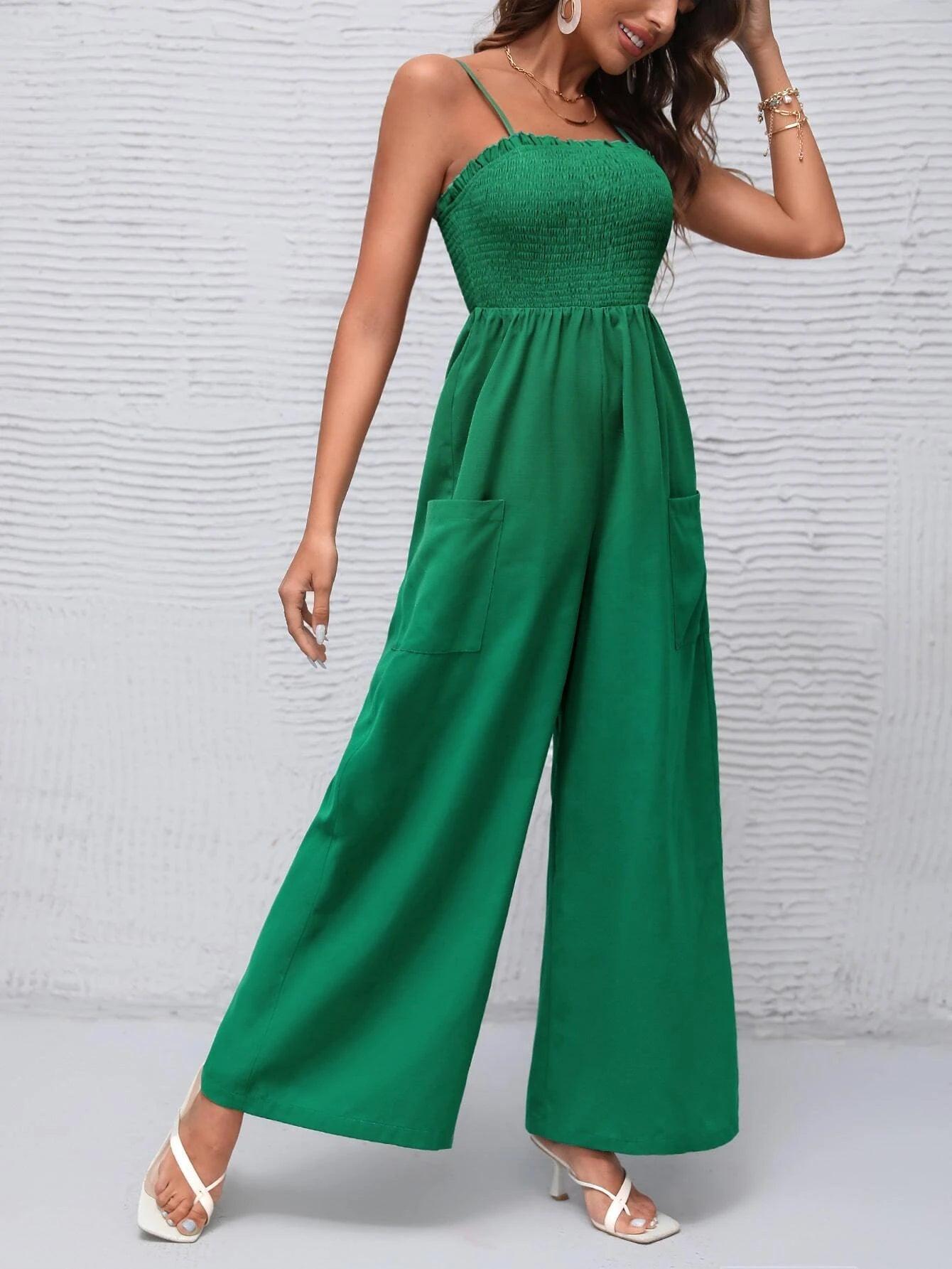 Solid Shirred Bodice Wide Leg Cami Jumpsuit-Comfy Jumpsuits