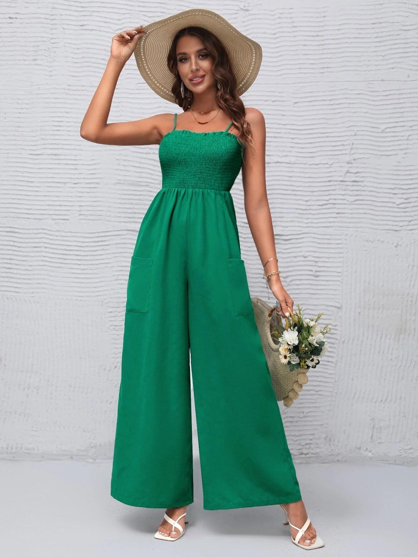 Solid Shirred Bodice Wide Leg Cami Jumpsuit-Comfy Jumpsuits