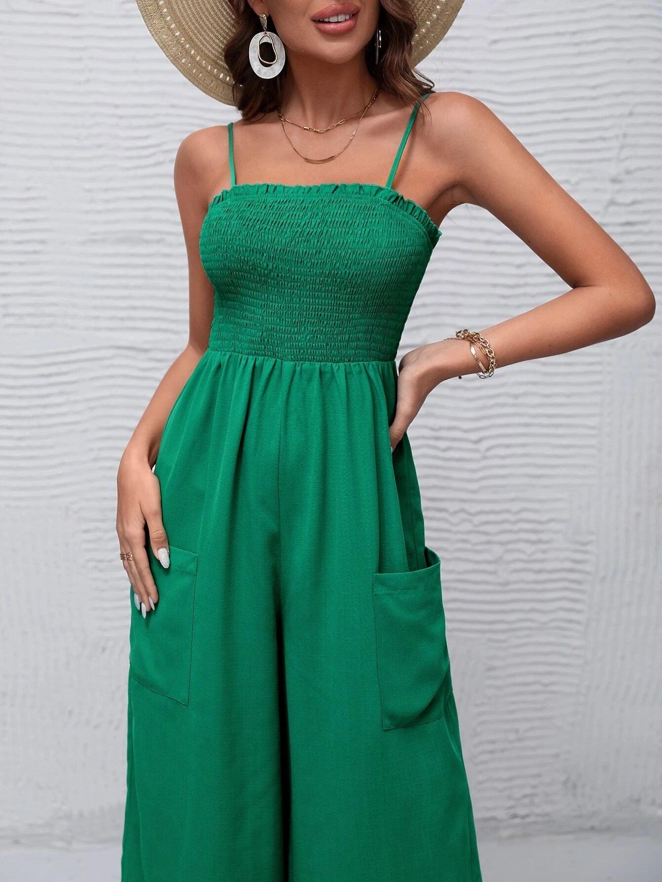 Solid Shirred Bodice Wide Leg Cami Jumpsuit-Comfy Jumpsuits