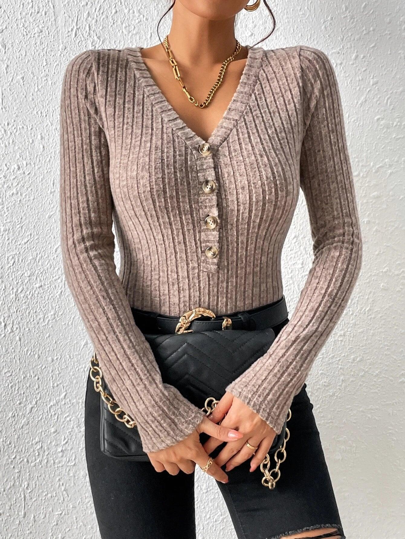 Ribbed Knit Half Button Plain Bodysuit-Comfy Jumpsuits