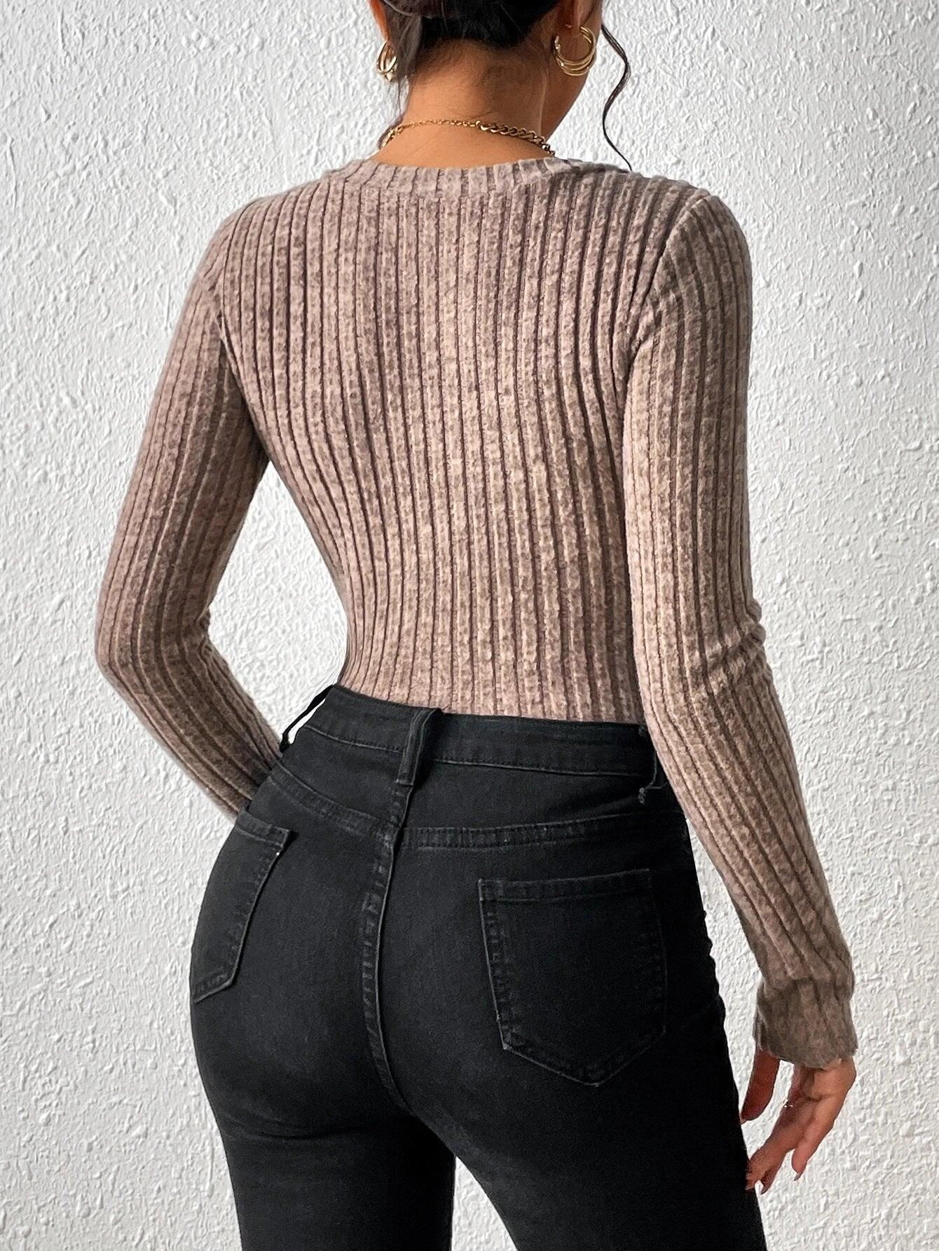 Ribbed Knit Half Button Plain Bodysuit-Comfy Jumpsuits