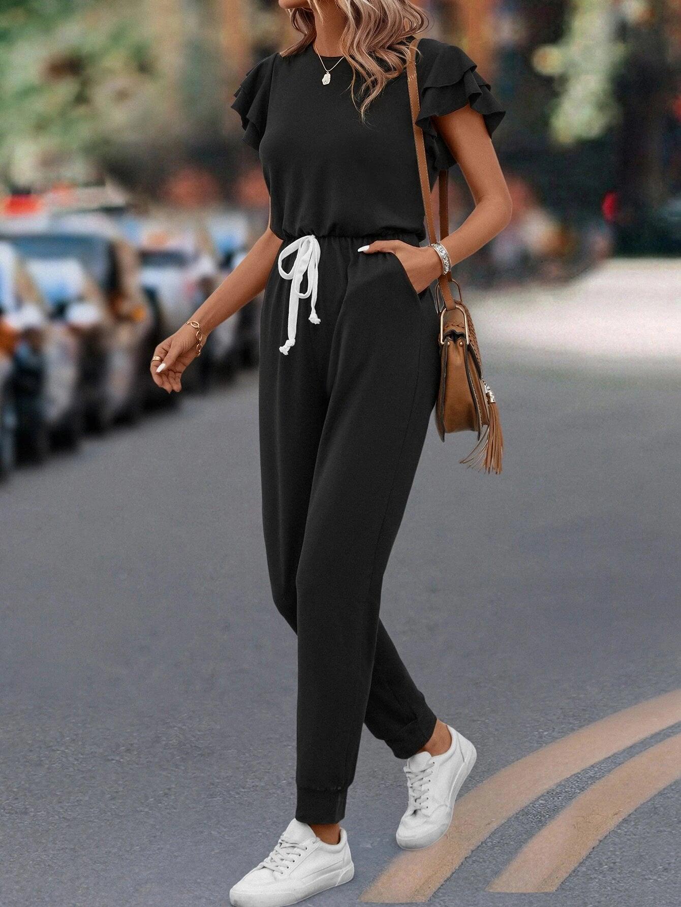 Layered Sleeve Knot Front Jumpsuit-Comfy Jumpsuits