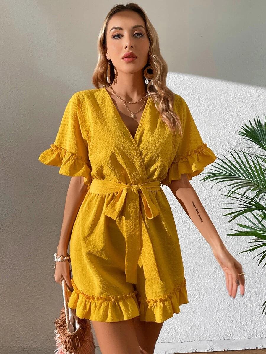 V Neck Ruffle Trim Belted Romper-Comfy Jumpsuits