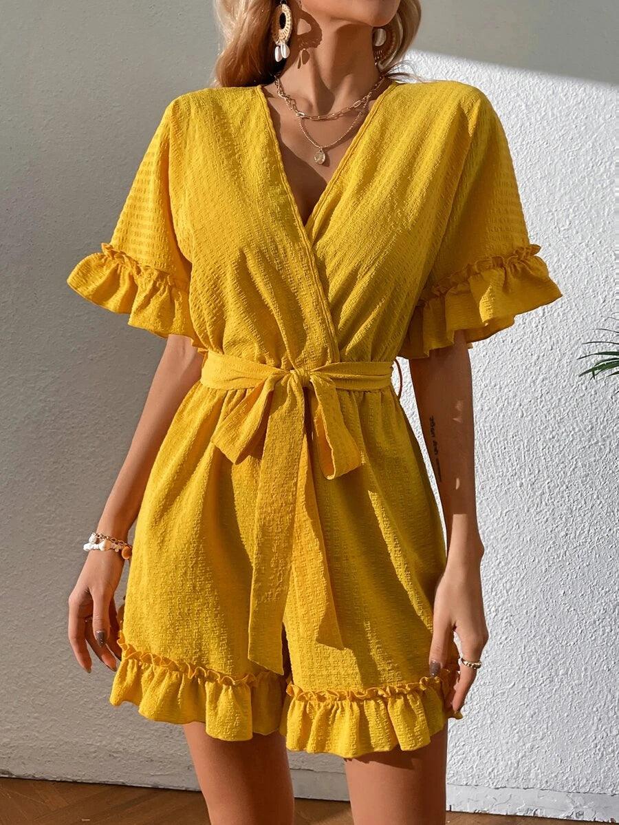V Neck Ruffle Trim Belted Romper-Comfy Jumpsuits