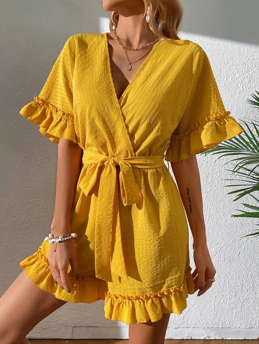 V Neck Ruffle Trim Belted Romper-Comfy Jumpsuits
