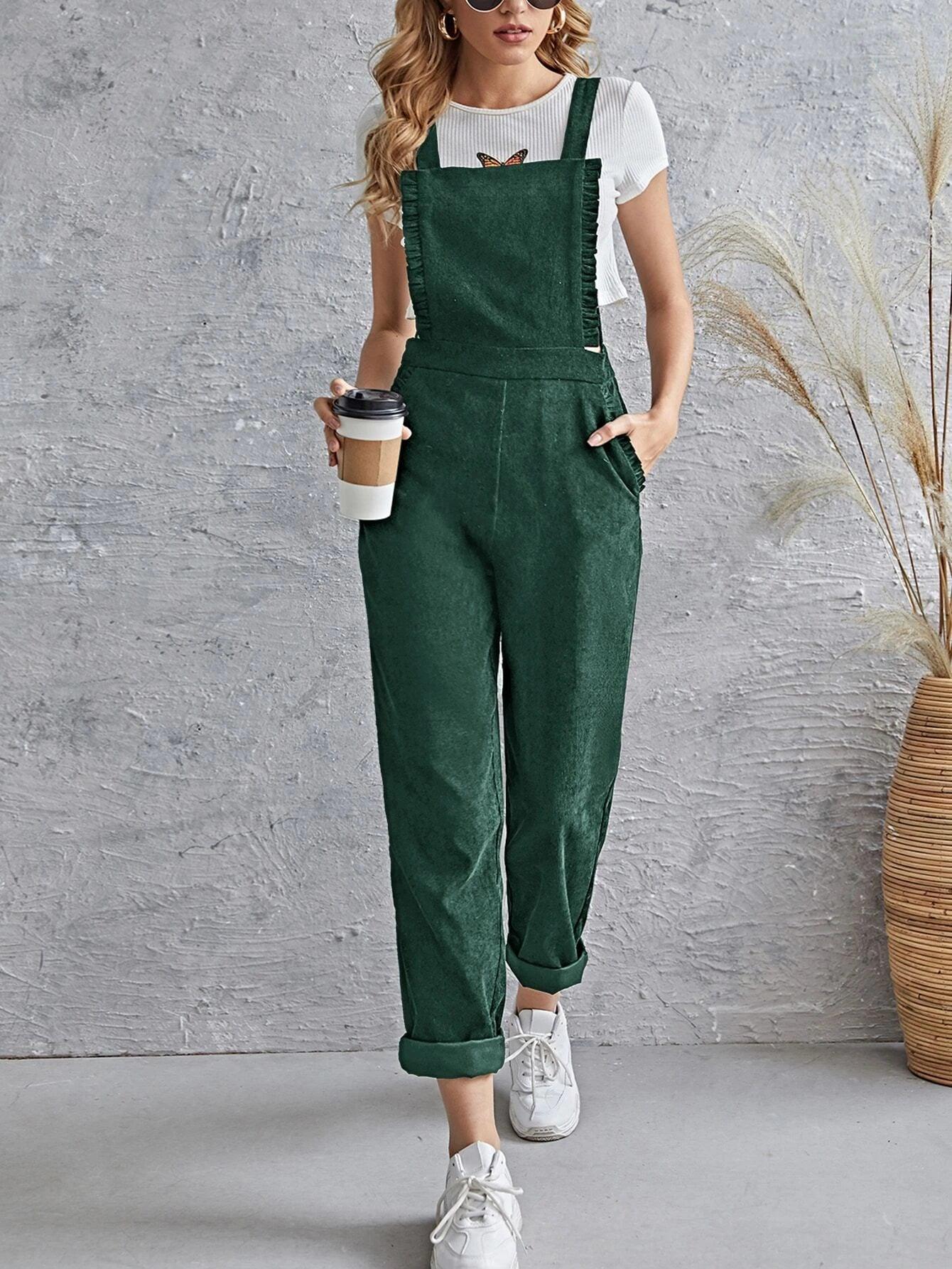 Sleeveless Pocket Front Cord Overalls-Comfy Jumpsuits
