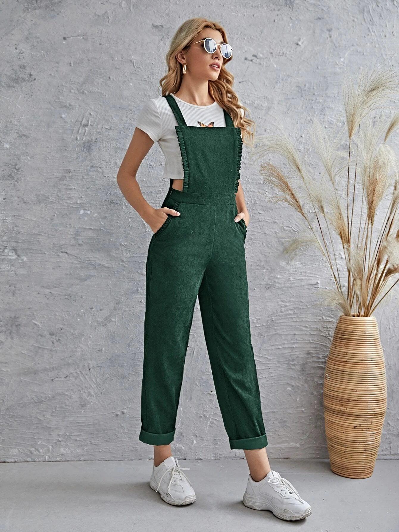 Sleeveless Pocket Front Cord Overalls-Comfy Jumpsuits