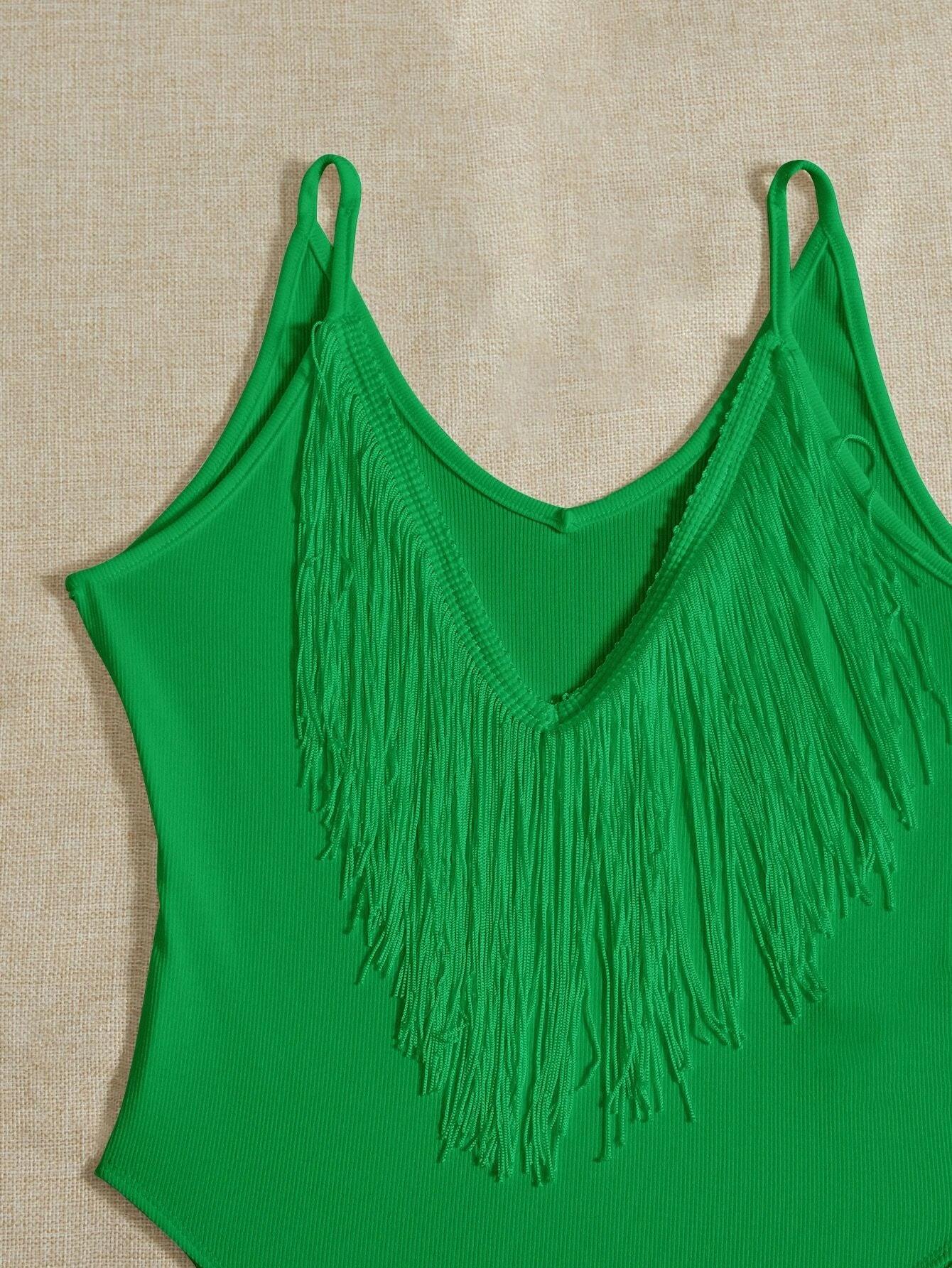 Fringe Trim Cami Bodysuit-Comfy Jumpsuits