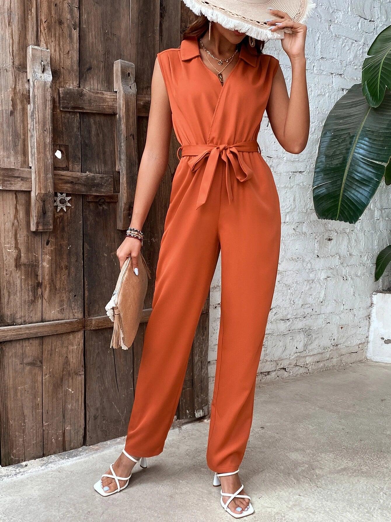 Belted Shirt Jumpsuit-Comfy Jumpsuits
