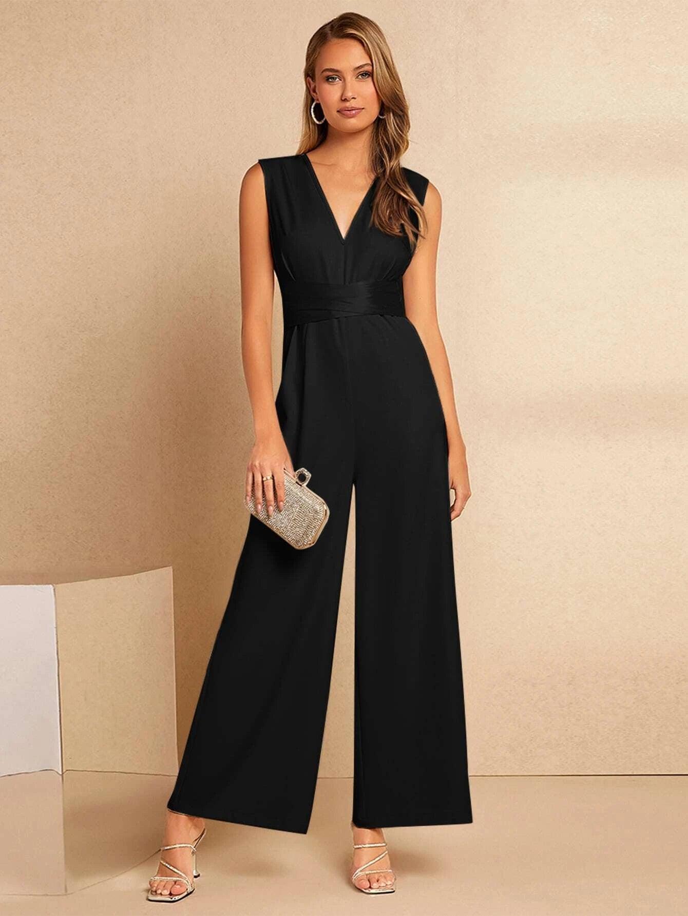 Tie Back V Neck Jumpsuit-Comfy Jumpsuits
