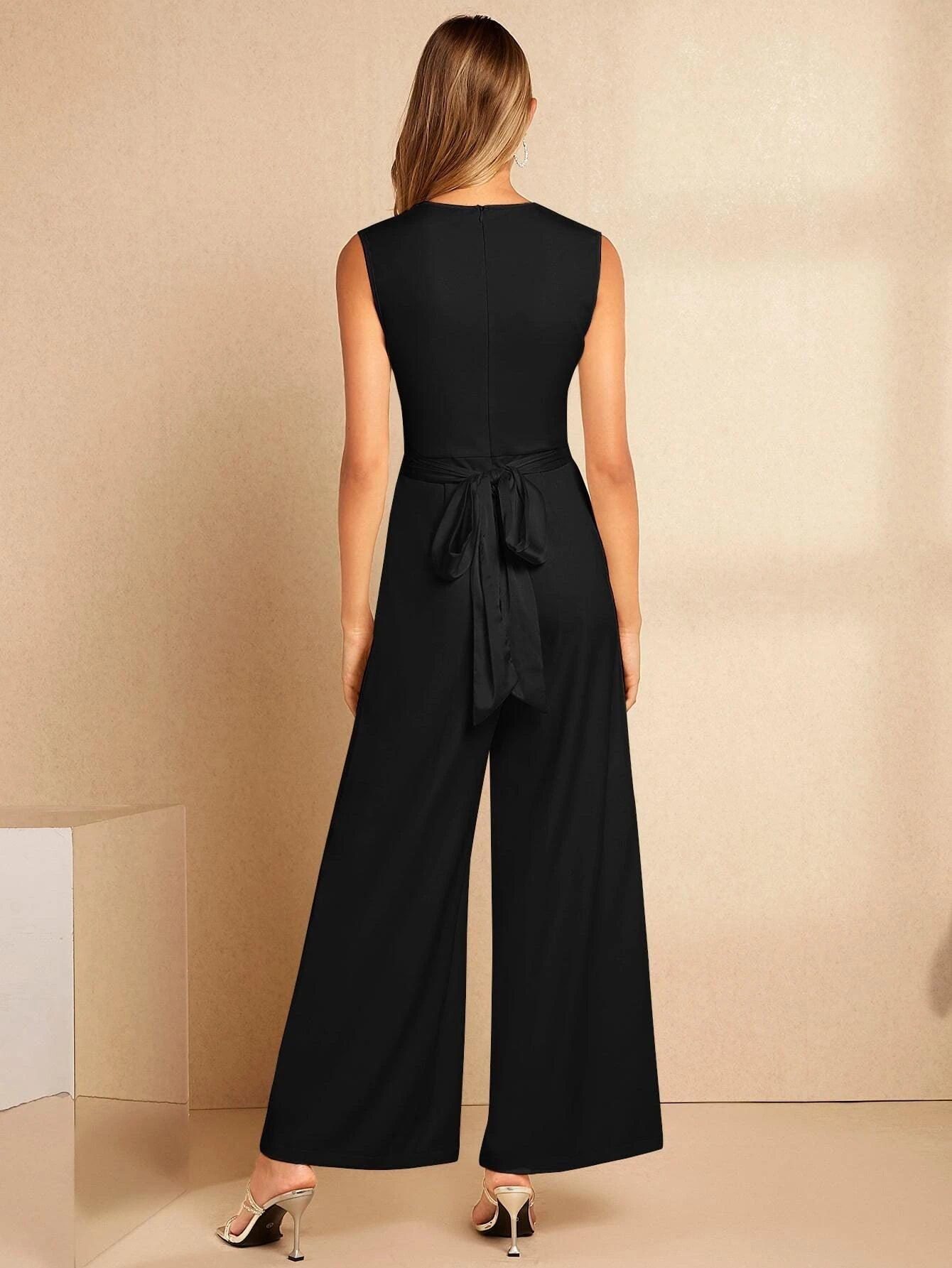 Tie Back V Neck Jumpsuit-Comfy Jumpsuits