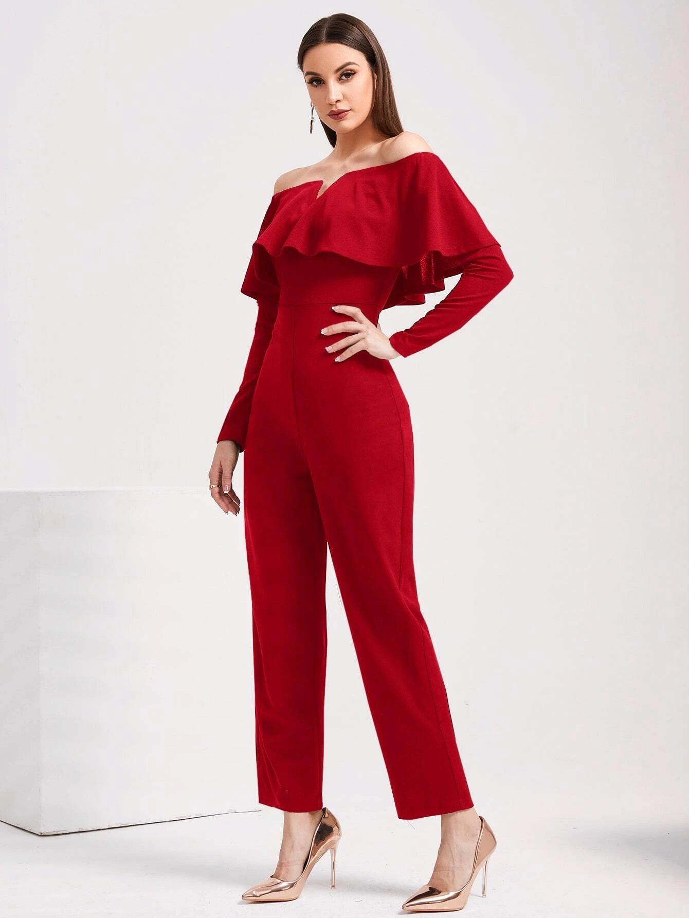 V Wired Overlay Jumpsuit-Comfy Jumpsuits
