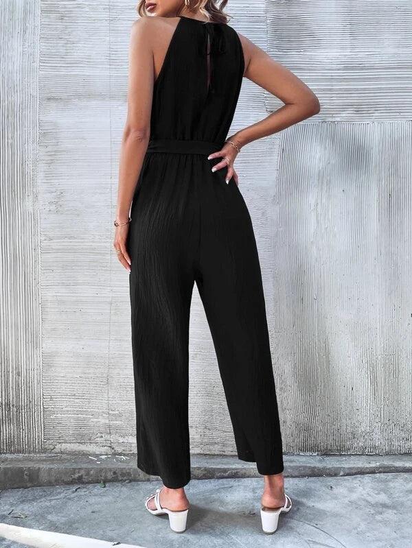 Solid Belted Halter Elegant High Waist Jumpsuit-Comfy Jumpsuits