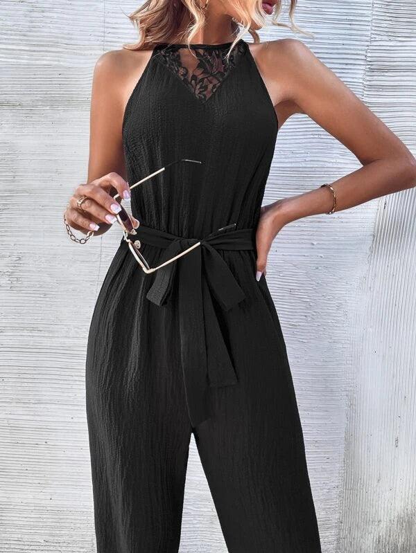 Solid Belted Halter Elegant High Waist Jumpsuit-Comfy Jumpsuits