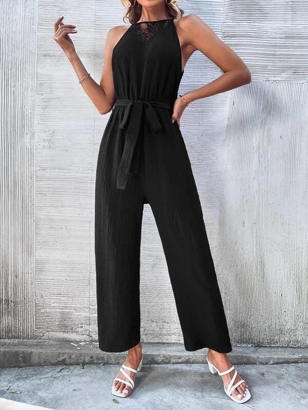 Solid Belted Halter Elegant High Waist Jumpsuit-Comfy Jumpsuits