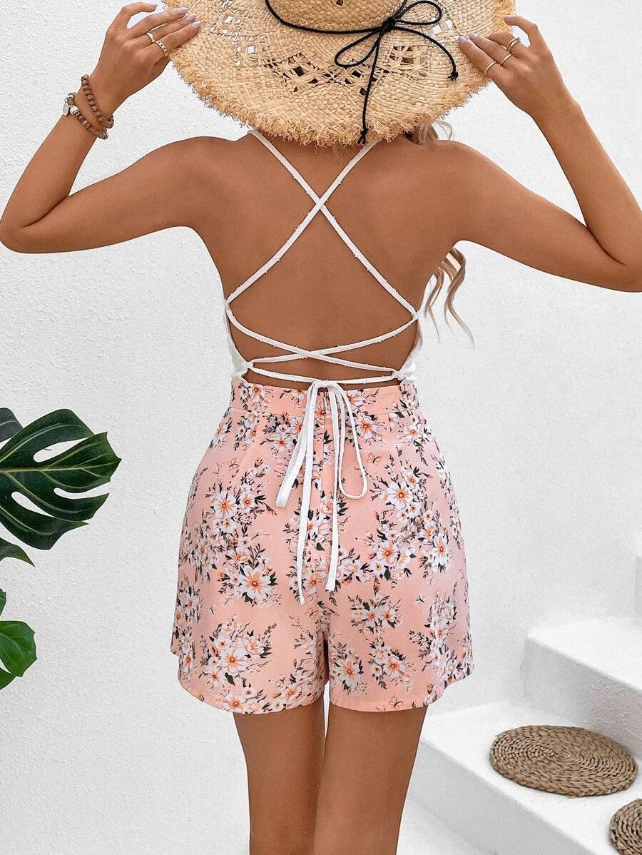 Floral Print Cami Twist Romper-Comfy Jumpsuits
