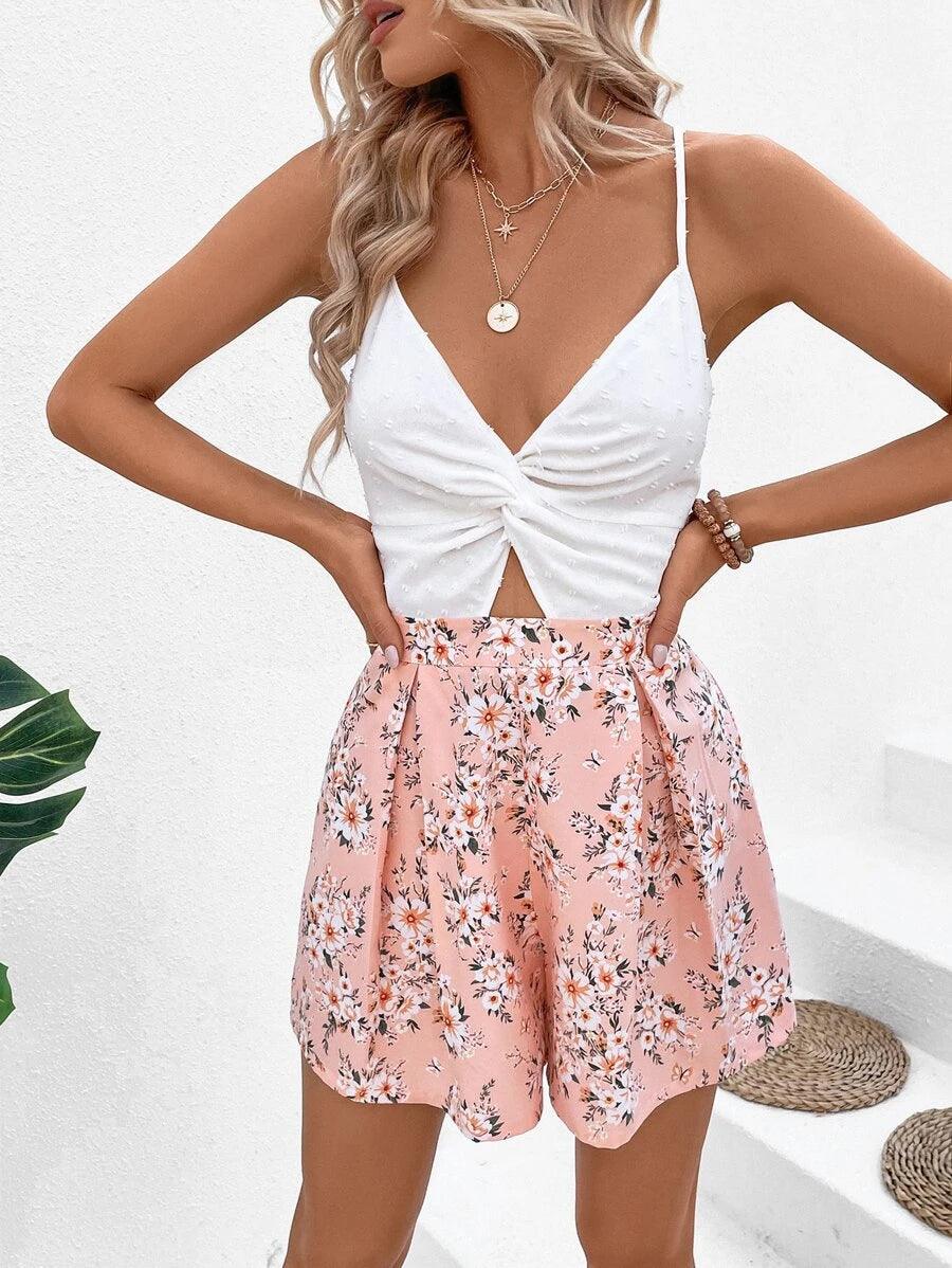 Floral Print Cami Twist Romper-Comfy Jumpsuits