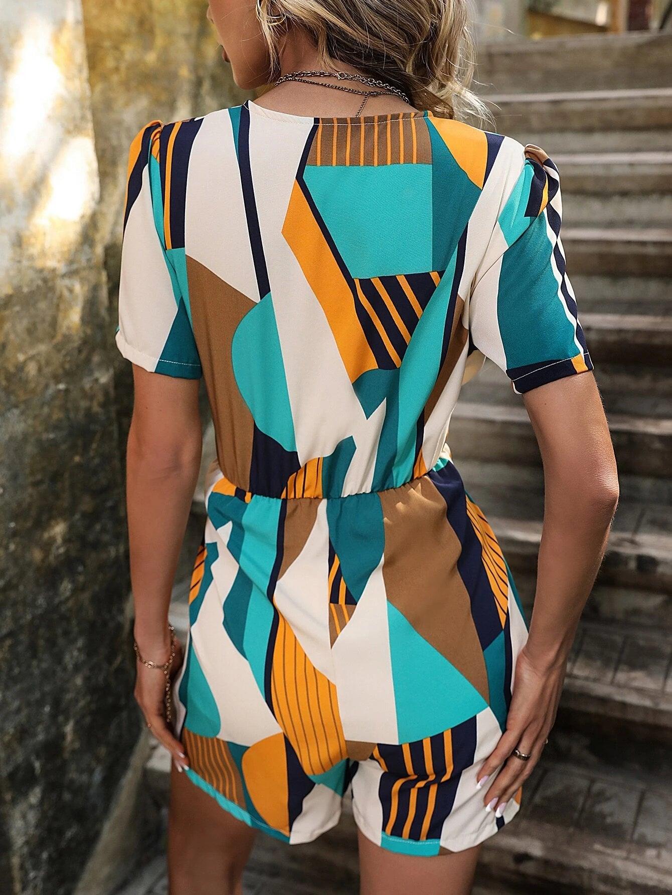 V Neck Belted Short Sleeve Romper-Comfy Jumpsuits