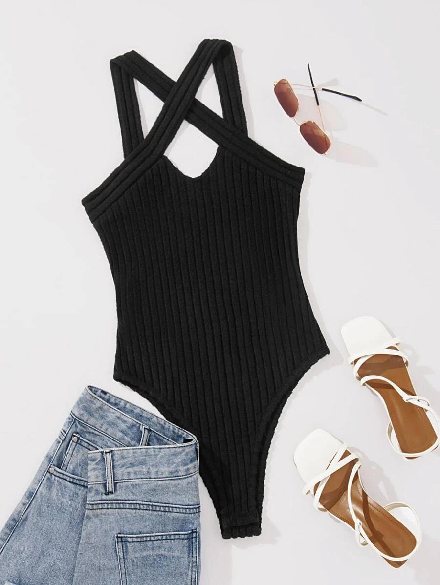 Criss Cross Rib Knit Bodysuit-Comfy Jumpsuits