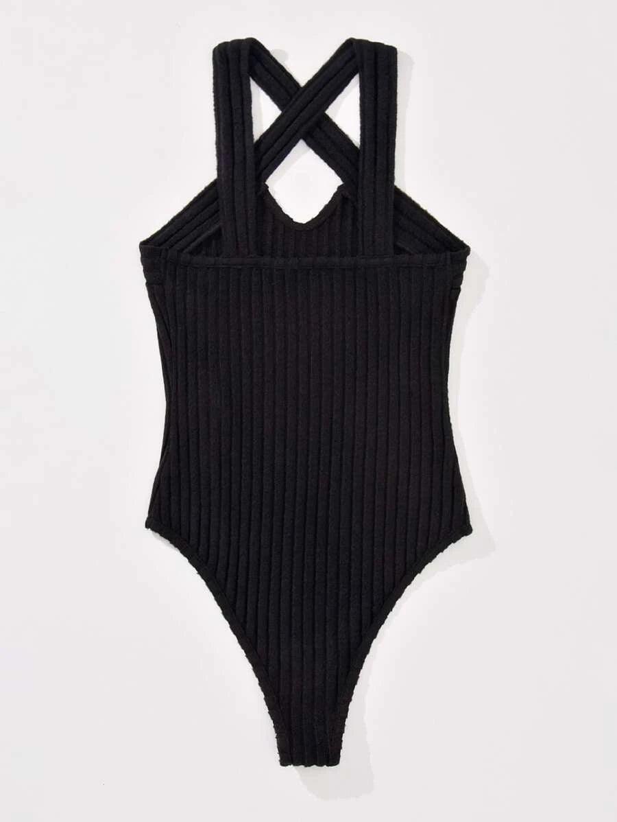 Criss Cross Rib Knit Bodysuit-Comfy Jumpsuits