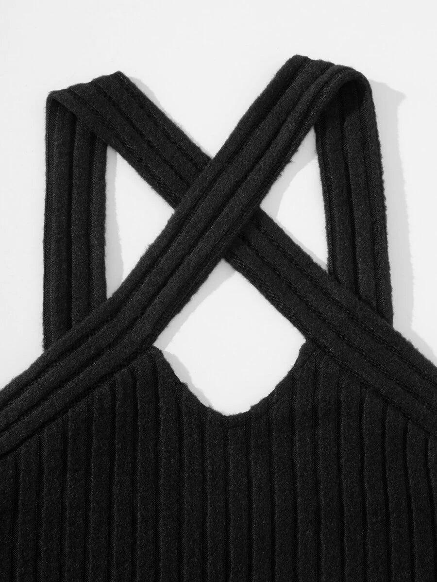 Criss Cross Rib Knit Bodysuit-Comfy Jumpsuits