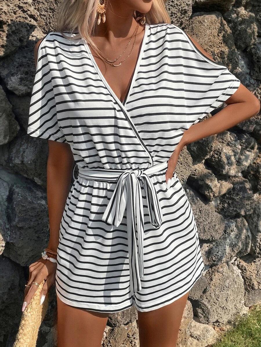 Striped Print Cut Out Batwing Sleeve Belted Romper-Comfy Jumpsuits