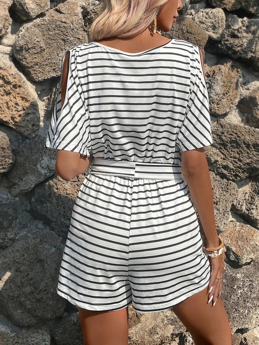 Striped Print Cut Out Batwing Sleeve Belted Romper-Comfy Jumpsuits