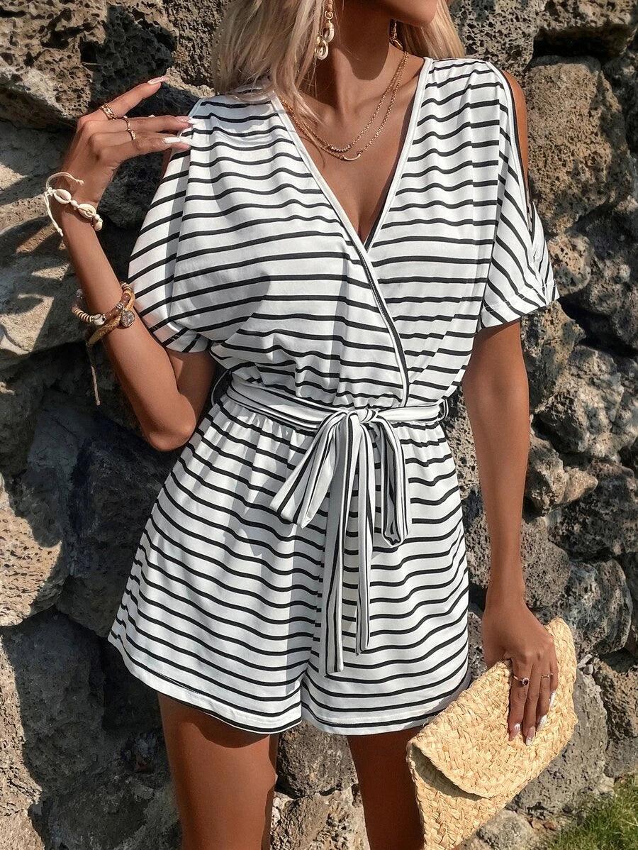 Striped Print Cut Out Batwing Sleeve Belted Romper-Comfy Jumpsuits