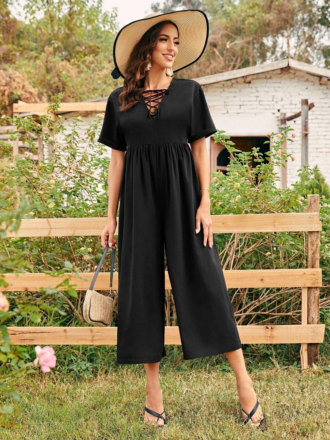Lace Up Front Wide Leg Jumpsuit-Comfy Jumpsuits