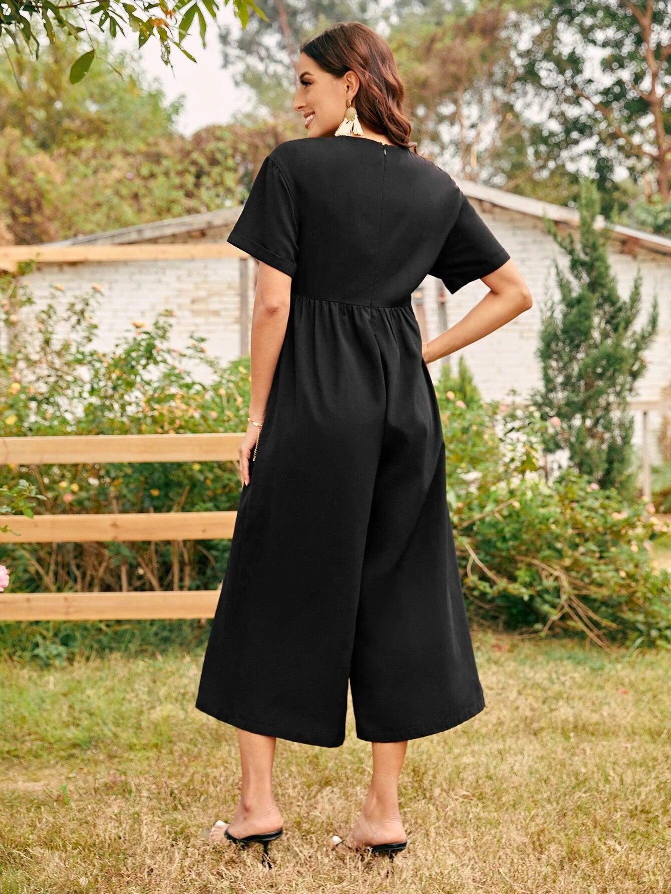 Lace Up Front Wide Leg Jumpsuit-Comfy Jumpsuits