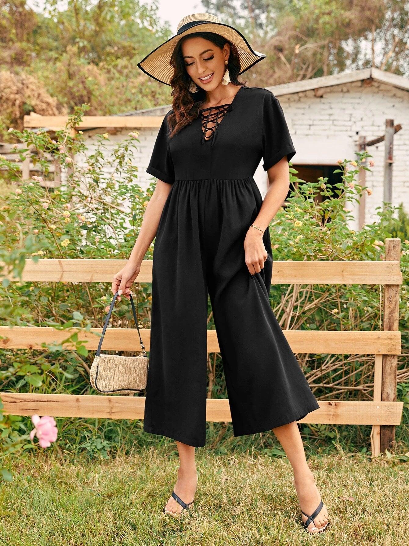 Lace Up Front Wide Leg Jumpsuit-Comfy Jumpsuits