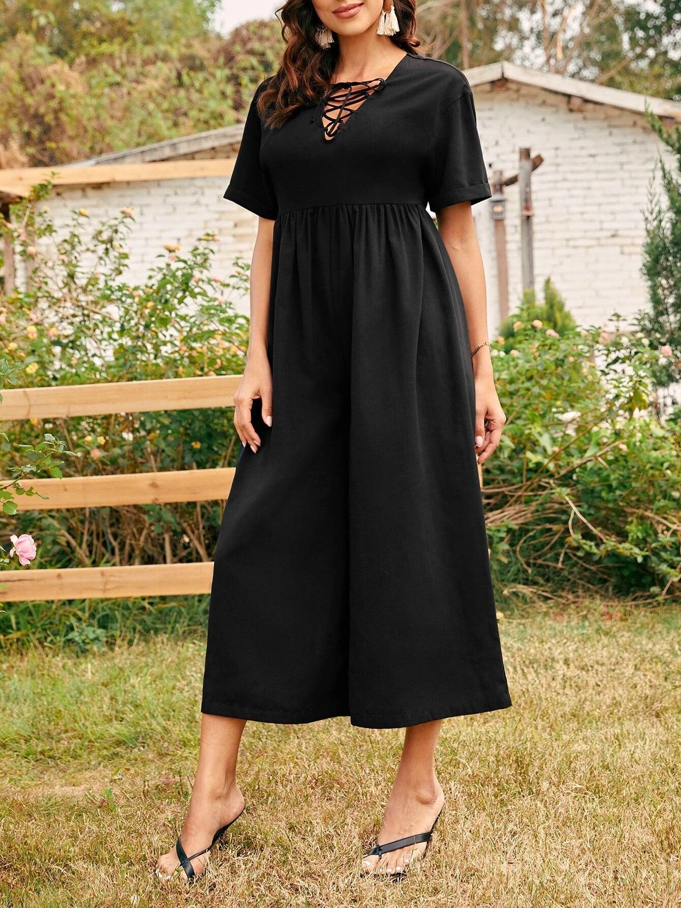 Lace Up Front Wide Leg Jumpsuit-Comfy Jumpsuits