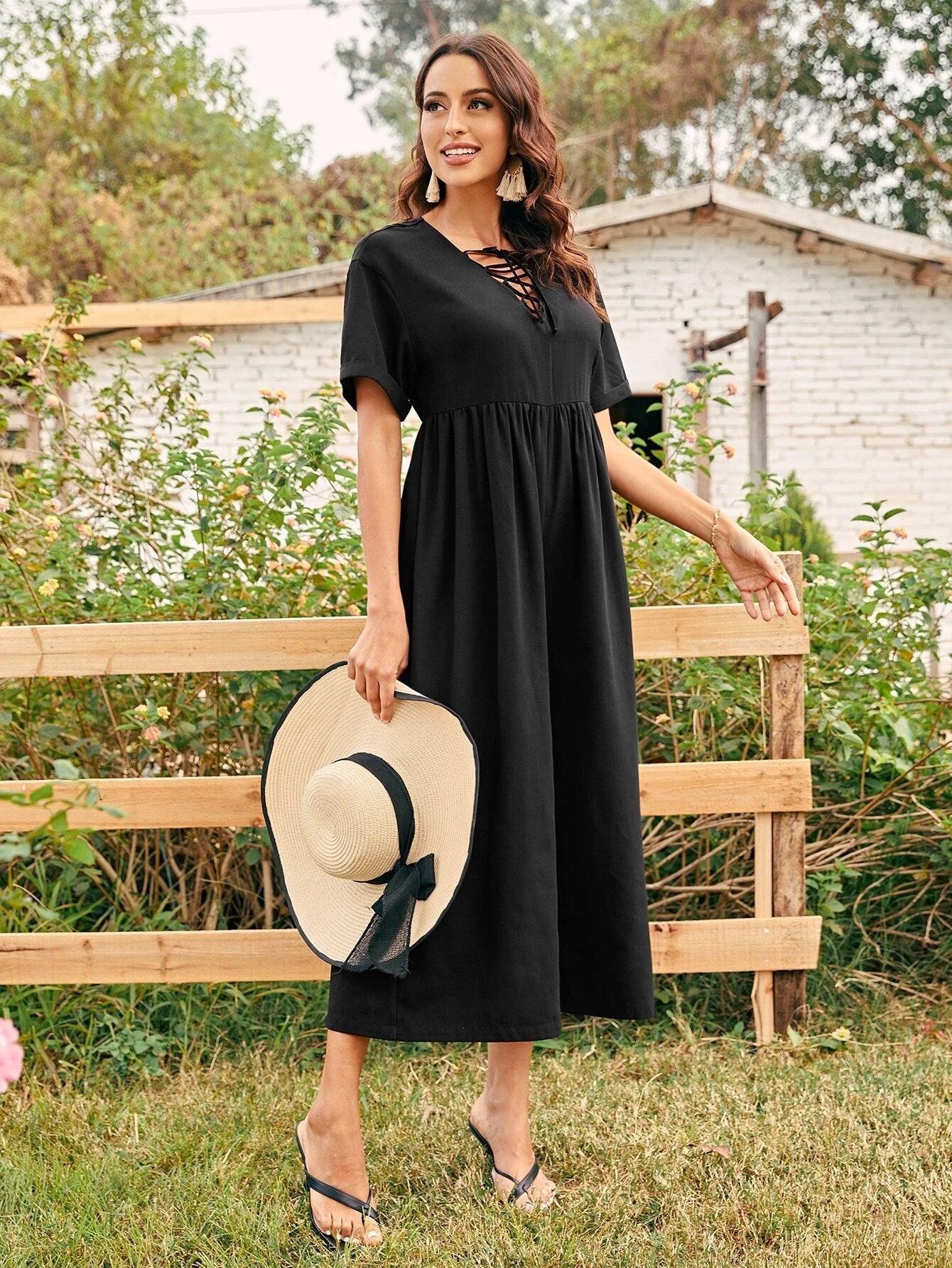 Lace Up Front Wide Leg Jumpsuit-Comfy Jumpsuits