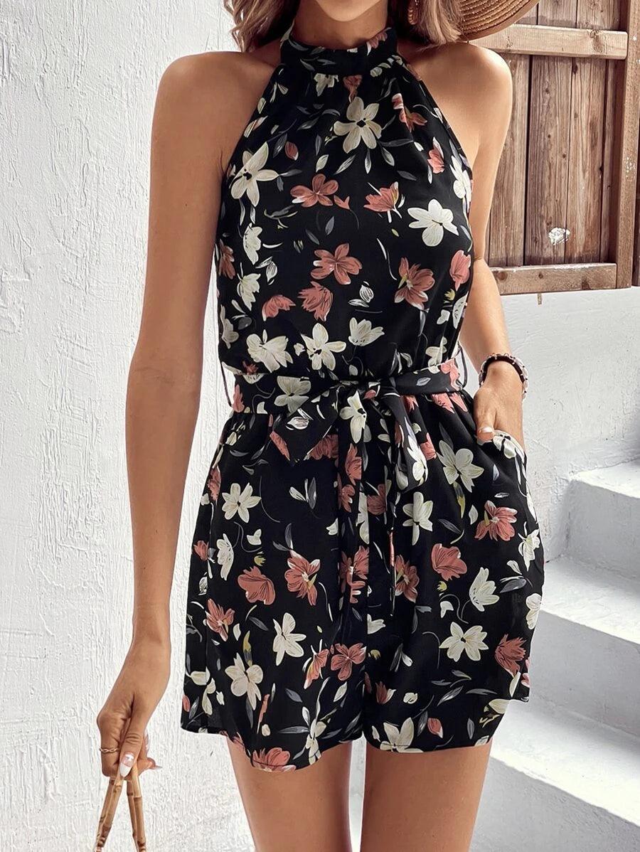 Floral Print Halter Neck Belted Romper-Comfy Jumpsuits