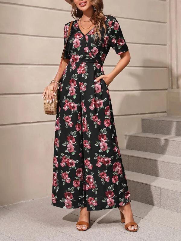 Floral Print Wide Leg V Neck Jumpsuit-Comfy Jumpsuits