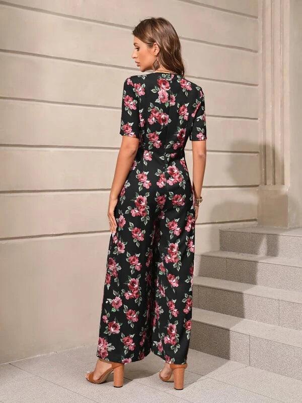 Floral Print Wide Leg V Neck Jumpsuit-Comfy Jumpsuits