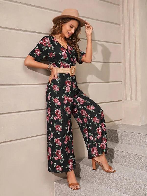 Floral Print Wide Leg V Neck Jumpsuit-Comfy Jumpsuits