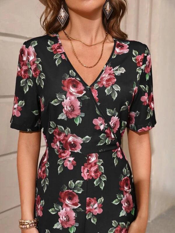 Floral Print Wide Leg V Neck Jumpsuit-Comfy Jumpsuits