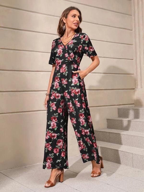 Floral Print Wide Leg V Neck Jumpsuit-Comfy Jumpsuits
