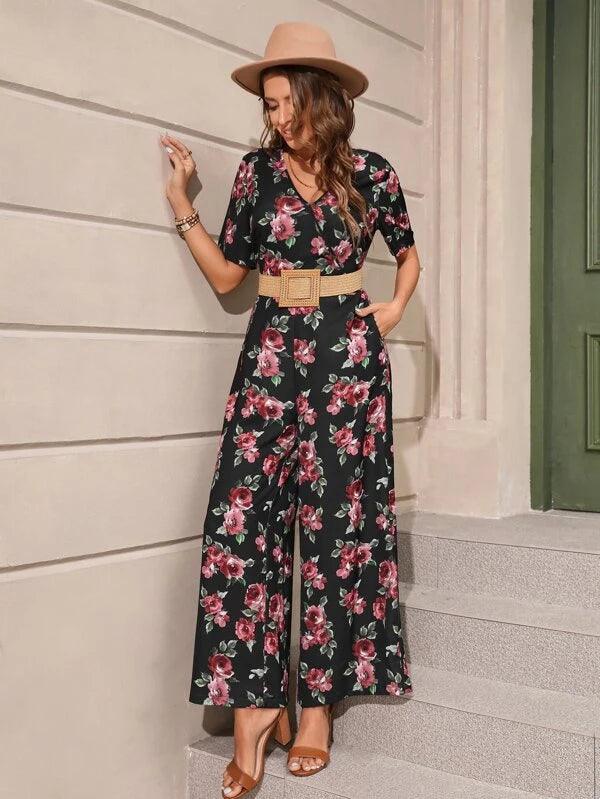 Floral Print Wide Leg V Neck Jumpsuit-Comfy Jumpsuits