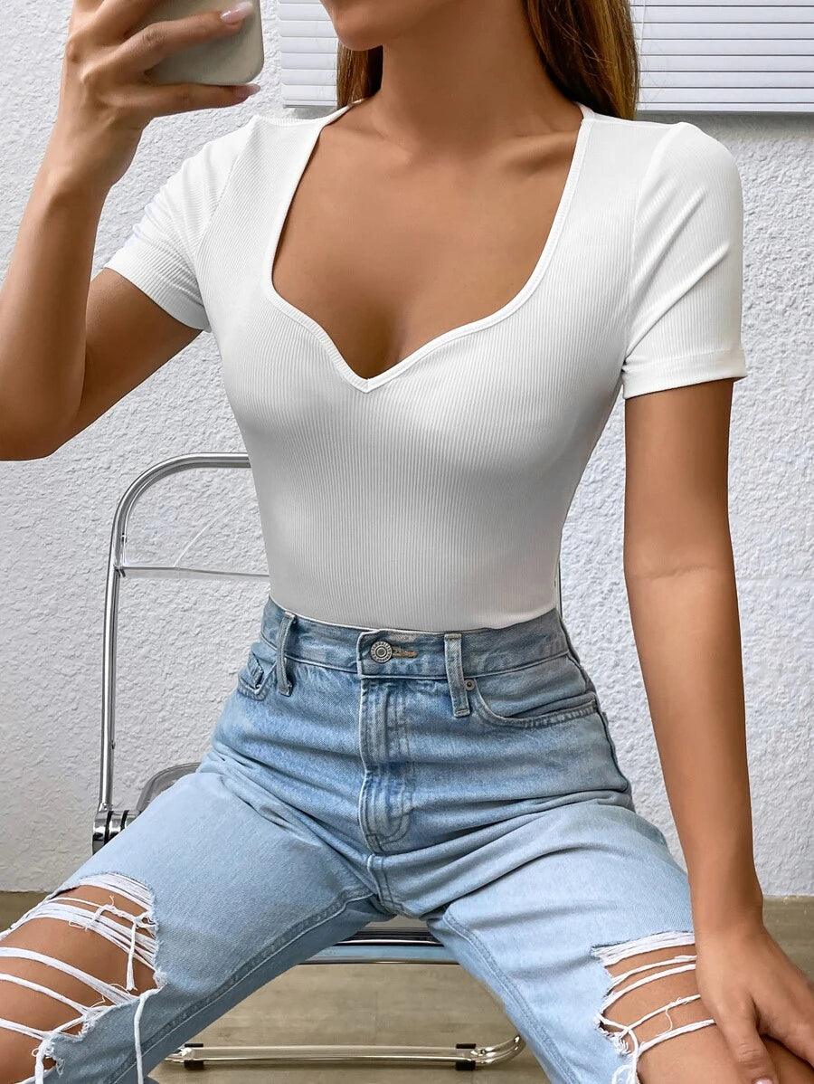 Curvy V Neck Ribbed Knit Bodysuit-Comfy Jumpsuits