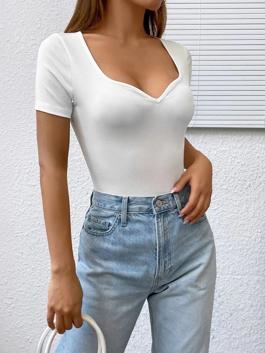 Curvy V Neck Ribbed Knit Bodysuit-Comfy Jumpsuits
