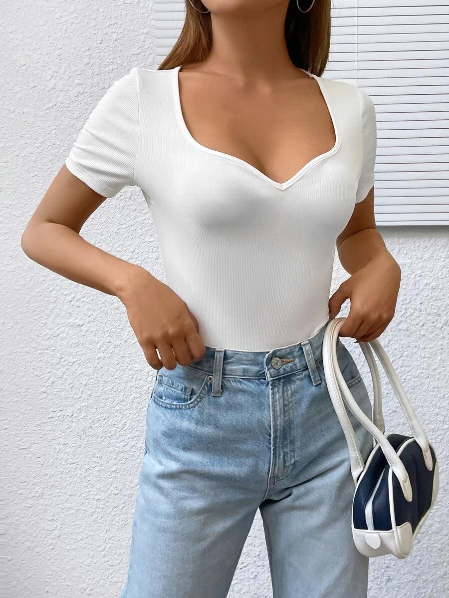 Curvy V Neck Ribbed Knit Bodysuit-Comfy Jumpsuits