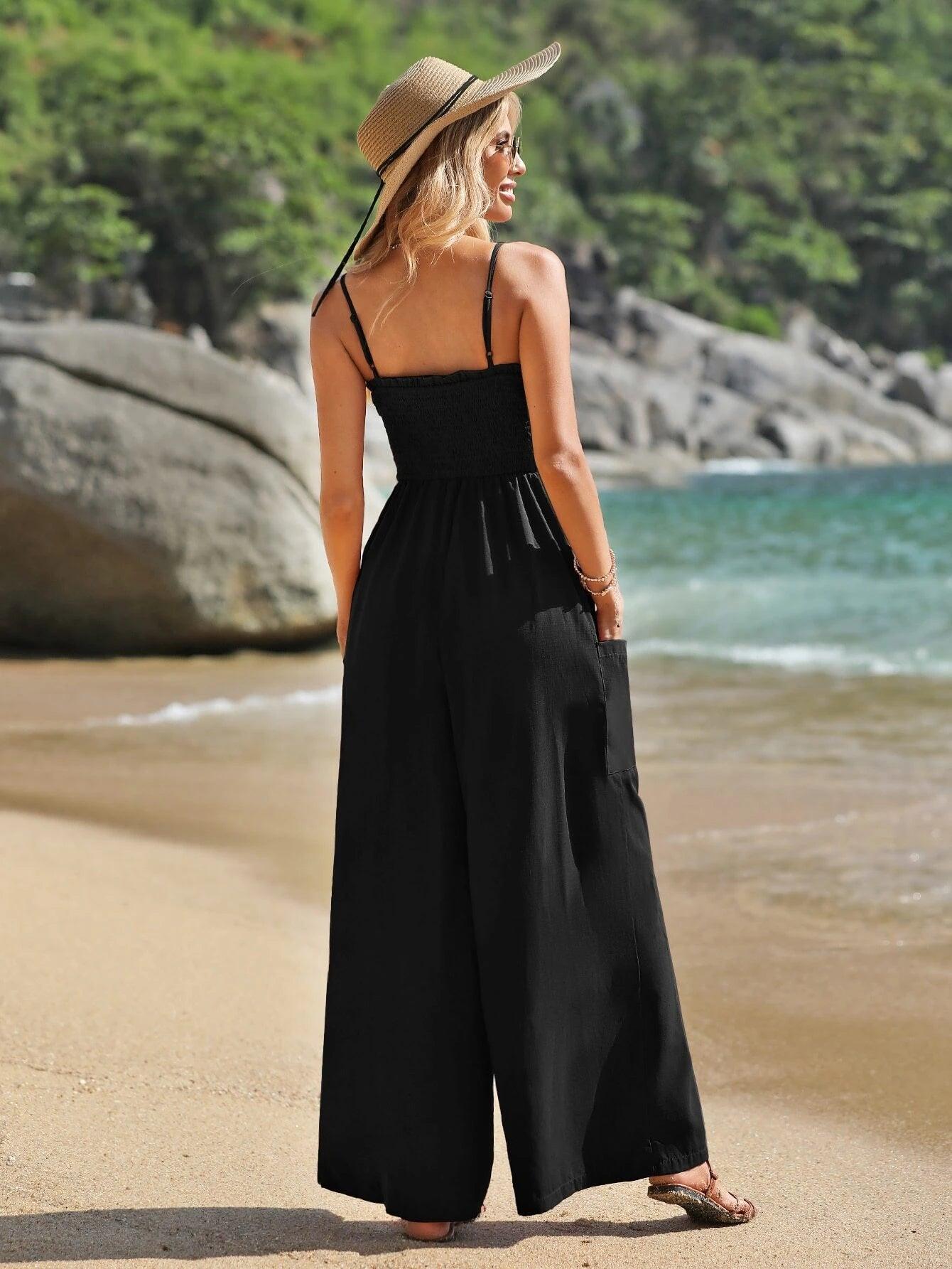 Solid Shirred Bodice Wide Leg Cami Jumpsuit-Comfy Jumpsuits