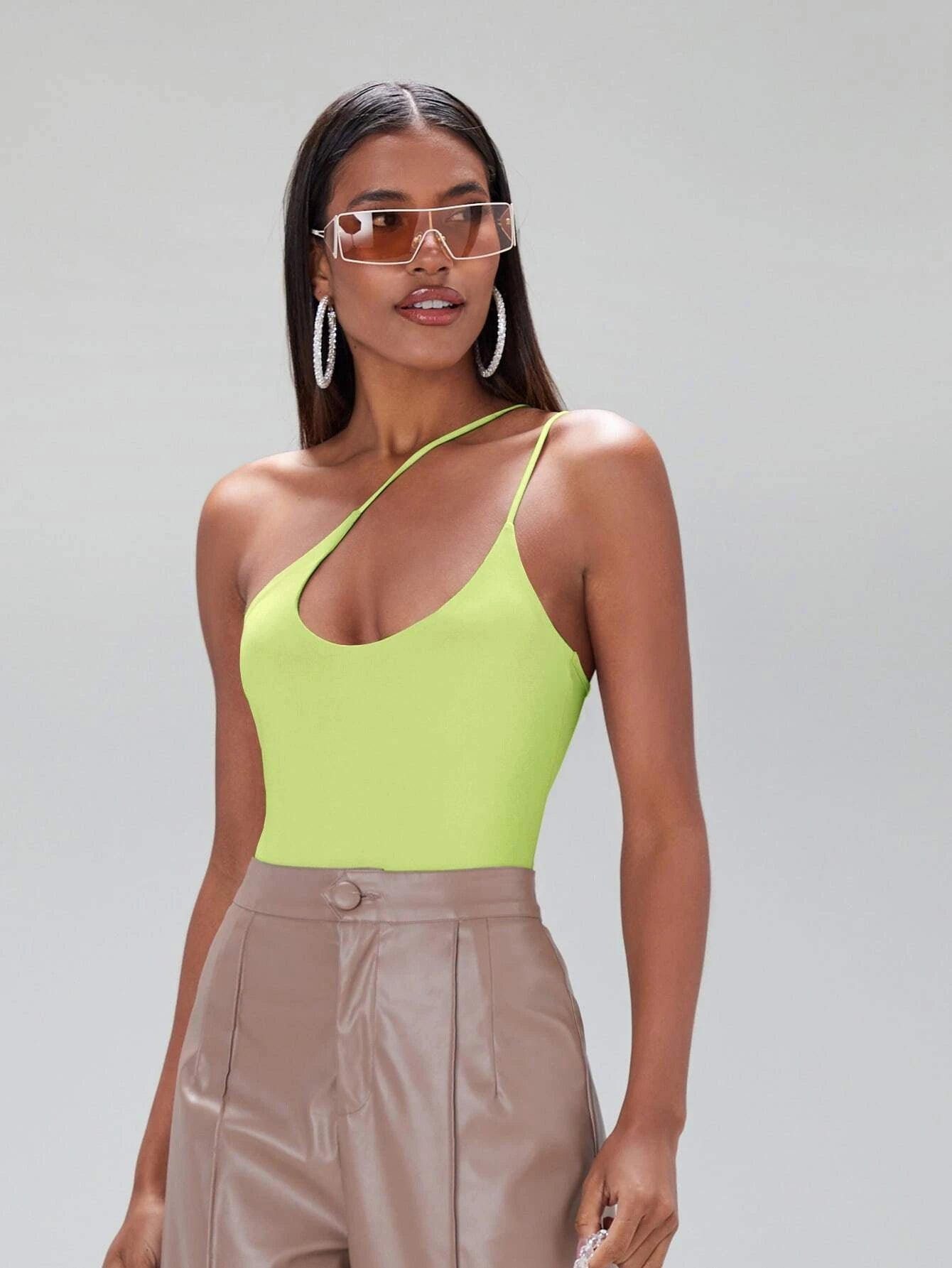 Solid Coloured One Shoulder Bodysuit-Comfy Jumpsuits