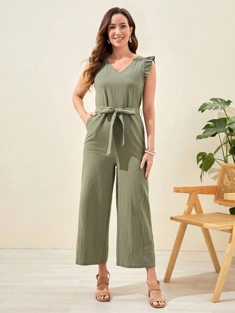 Solid Colored Belted Wide Leg Jumpsuit-Comfy Jumpsuits